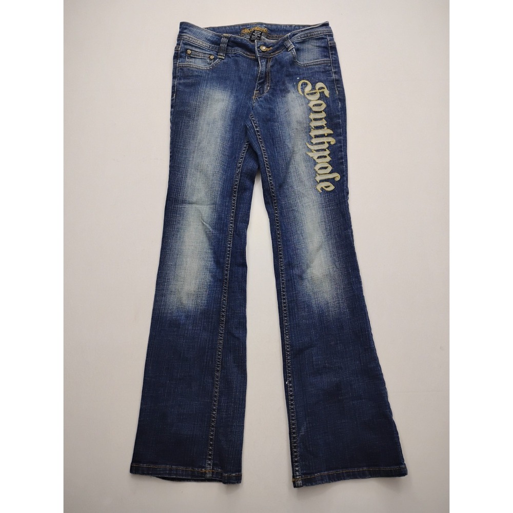 Southpole Embroidered Bootcut Blue Jeans Womens 7 Spell Out Y2k Vintage low rise